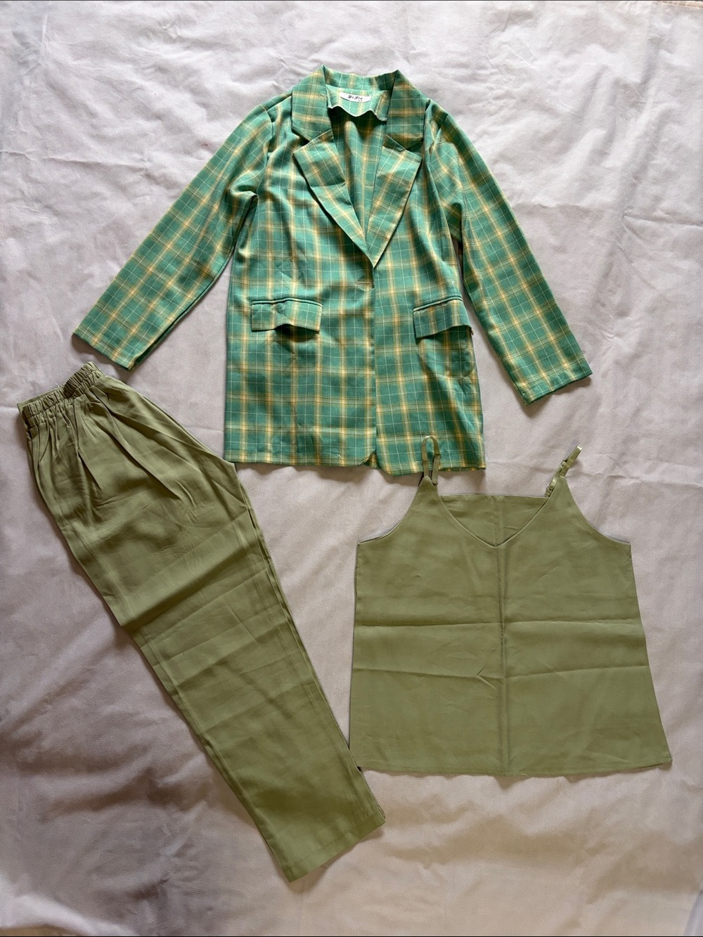 Zara Olive Green Plaid Blazer with Olive Cami & Track Pants Set fits S&M